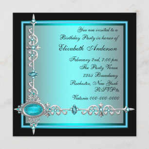 Black Teal Blue Birthday Party Invitations