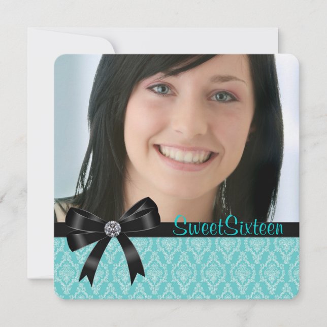 Black Teal Blue Damask Sweet Sixteen Party Invitation (Front)