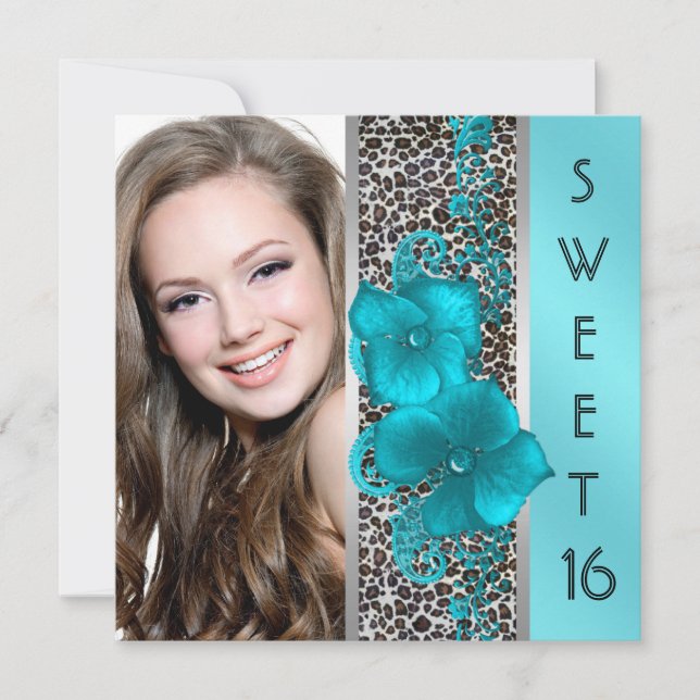 Black Teal Blue Leopard Photo Sweet 16 Birthday Invitation (Front)