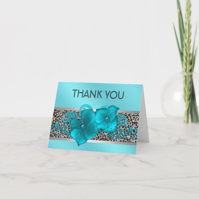 Black Teal Blue Leopard Thank You Cards (Front)