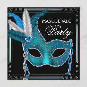 Black Teal Blue Mask Masquerade Party Invitation