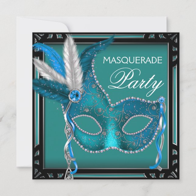 Black Teal Blue Mask Masquerade Party Invitation (Front)
