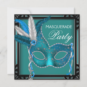 Black Teal Blue Mask Masquerade Party Invitation