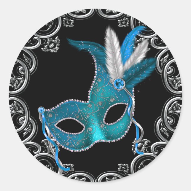 Black Teal Blue Masquerade Party Stickers (Front)