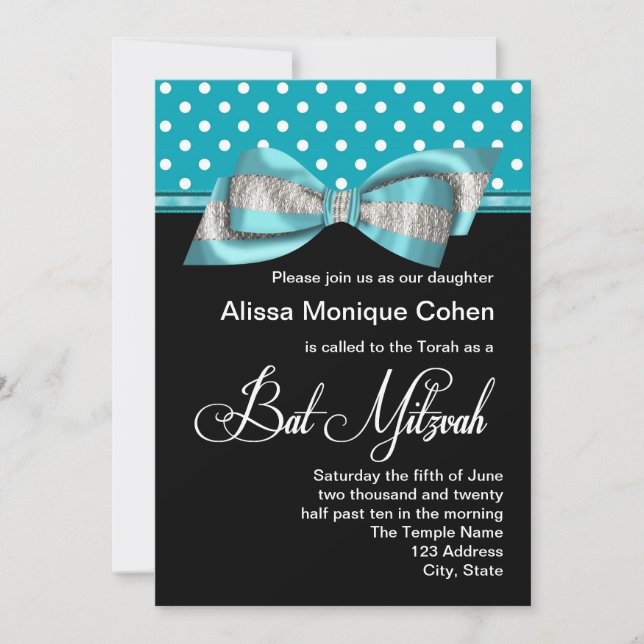 Black Teal Blue Polka Dot Bat Mitzvah Invitation (Front)