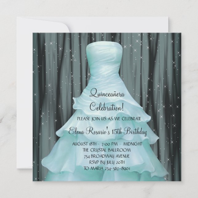 Black Teal Blue Quinceanera Invitations (Front)