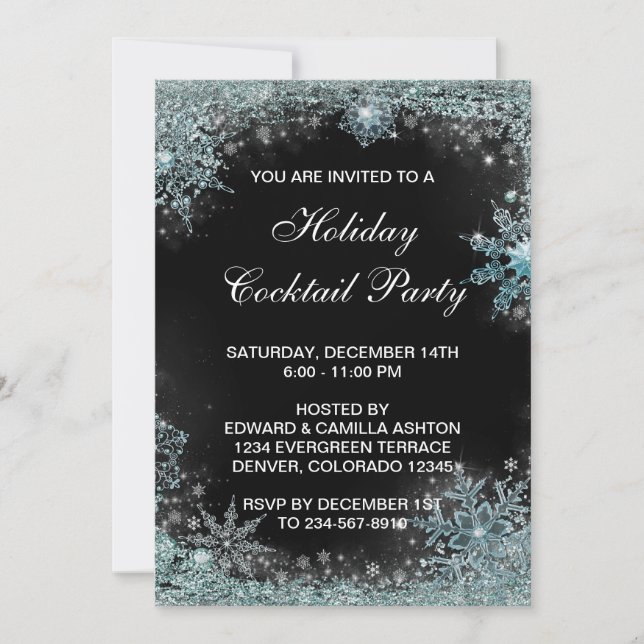 Black Teal Blue Snowflake Christmas Party Invitation (Front)