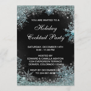 Black Teal Blue Snowflake Christmas Party Invitation