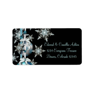 Black & Teal Blue Snowflakes Christmas Address Lab Label