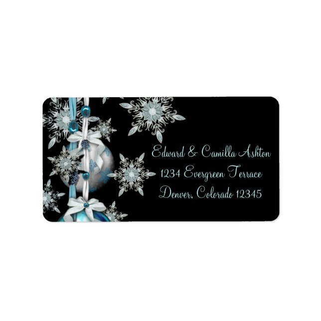 Black & Teal Blue Snowflakes Christmas Address Lab Label (Front)