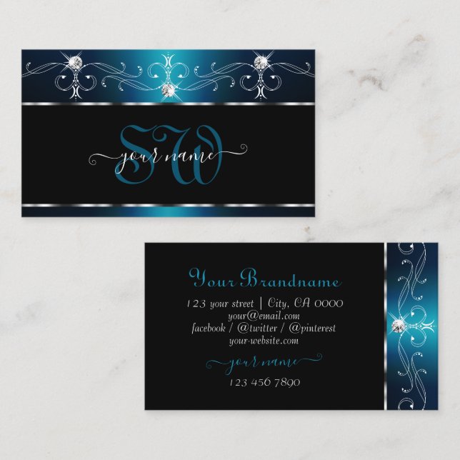 Black Teal Blue Squiggles Sparkle Jewels Monogram Business Card (Front/Back)