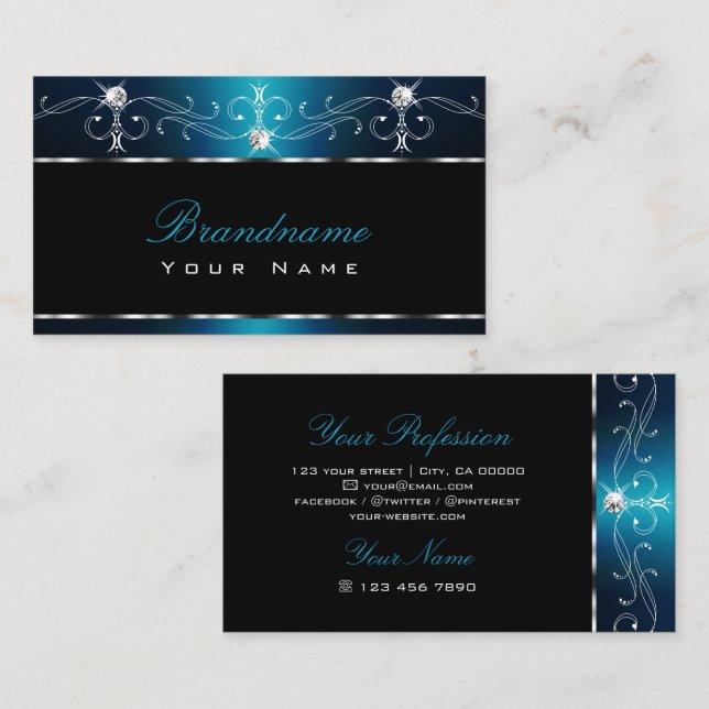 Black Teal Blue Squiggles Sparkle Jewels Ornaments Business Card (Front/Back)