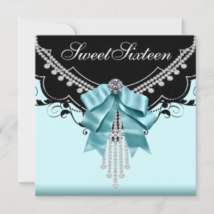 Black Teal Blue Sweet Sixteen Birthday Party Invitation
