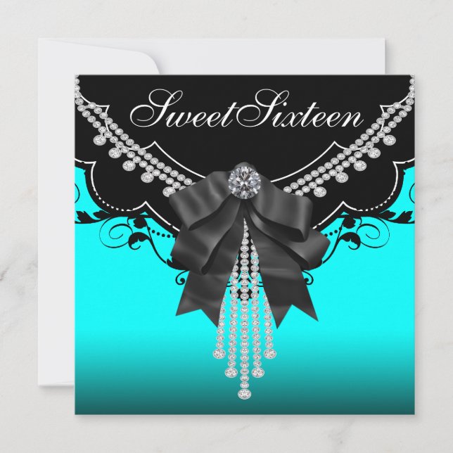 Black Teal Blue Sweet Sixteen Birthday Party Invitation (Front)