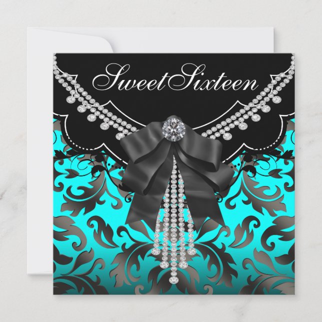 Black Teal Blue Sweet Sixteen Birthday Party Invitation (Front)