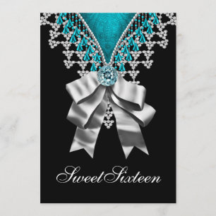 Black Teal Blue Sweet Sixteen Birthday Party Invitation