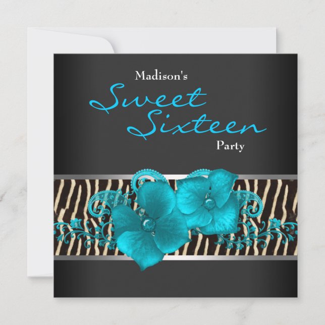Black Teal Blue Zebra Sweet 16 Birthday Party Invitation (Front)