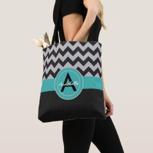 Black Teal Chevron Tote Bag