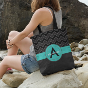 Black Teal Chevron Tote Bag