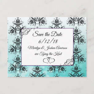 Black Teal Damask Wedding Save the Date Postcard