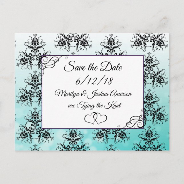 Black Teal Damask Wedding Save the Date Postcard (Front)