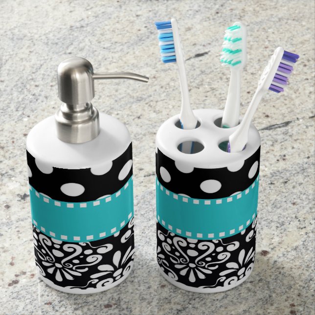 Black Teal Dots Chevron Soap Dispenser And Toothbrush Holder (Front)