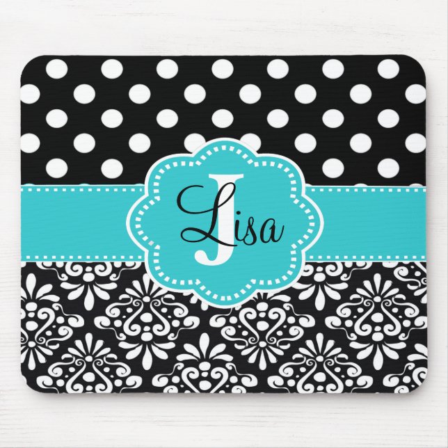 Black Teal Dots Damask Personalised Mouse Mat (Front)