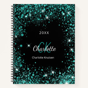Black teal glitter dust green monogram initials notebook