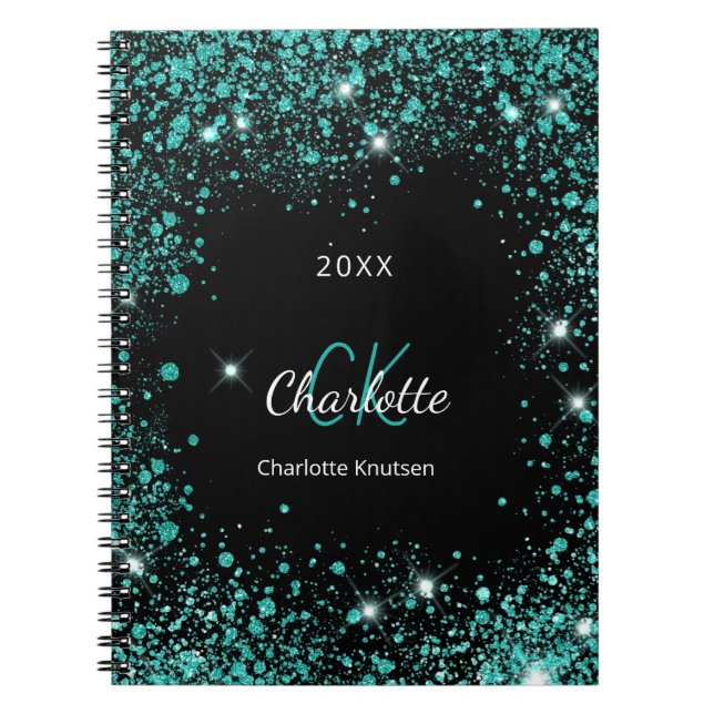 Black teal glitter dust green monogram initials notebook (Front)