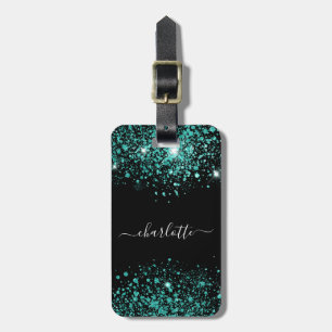Black teal glitter dust sea green monogram name luggage tag