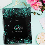 Black teal glitter green monogram initials 2023 planner<br><div class="desc">Black background,  white text. Decorated with teal,  sea green faux glitter dust. Personalize and add your monogram initials,  name and year.</div>