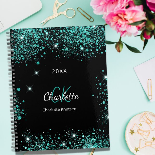 Black teal glitter green monogram initials 2023 planner (Creator Uploaded)