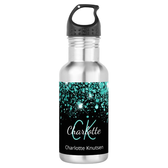 Black teal glitter monogram name glamourous 532 ml water bottle (Front)