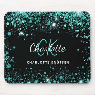 Black teal glitter sea green monogram name mouse mat