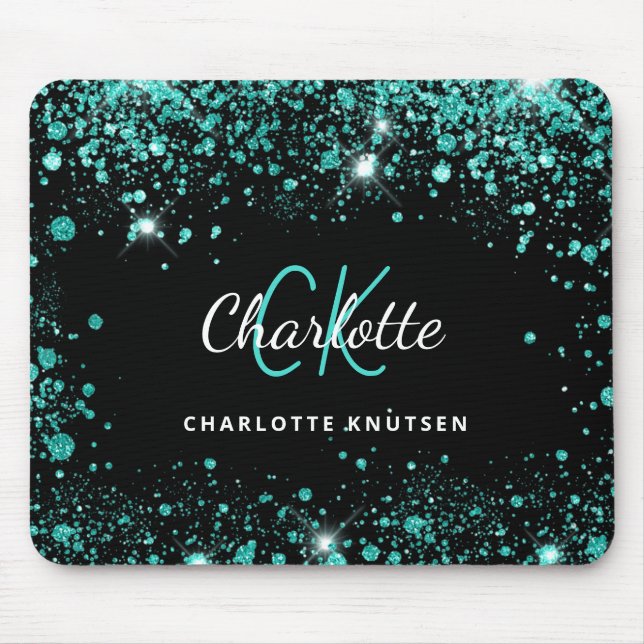 Black teal glitter sea green monogram name mouse mat (Front)