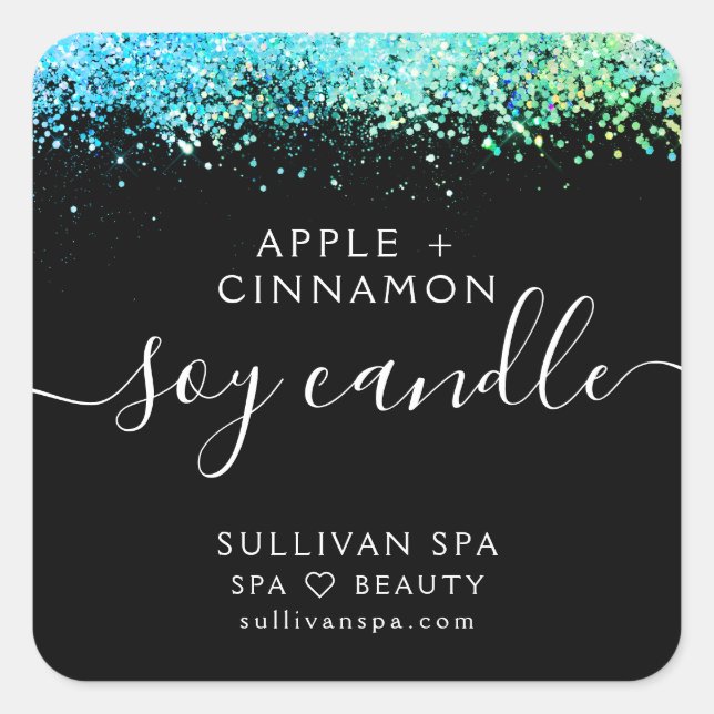 Black Teal Glitter Soy Candle Label (Front)