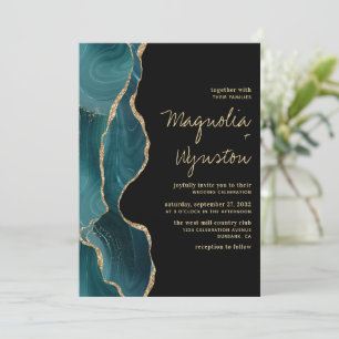 Black Teal Gold Agate Geode Wedding Invitation