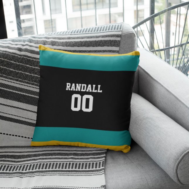 Black, Teal & Gold Football Team Personalised Cushion (Creator Uploaded)