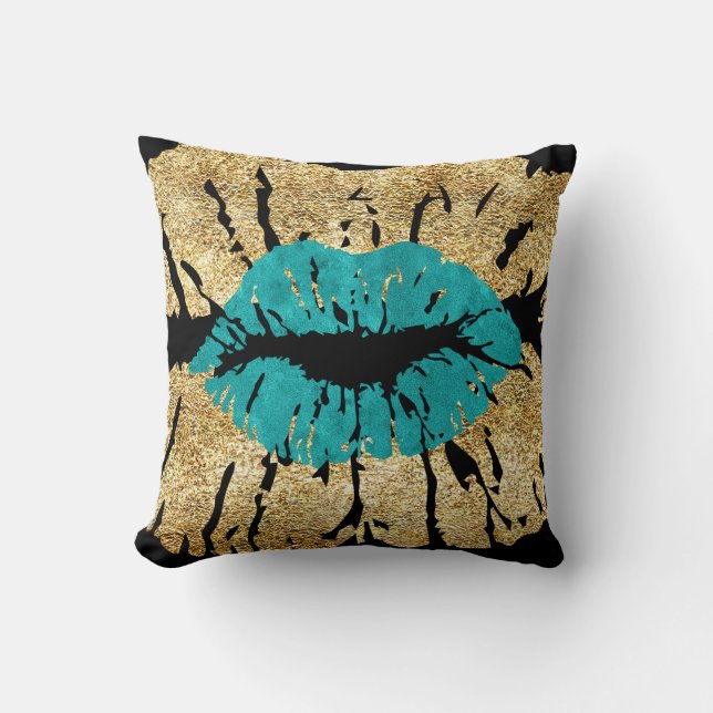 Black Teal Gold Glitter Kiss Lips Metallic Glam Cushion (Front)