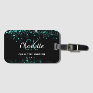 Black teal green glitter dust monogram luggage tag