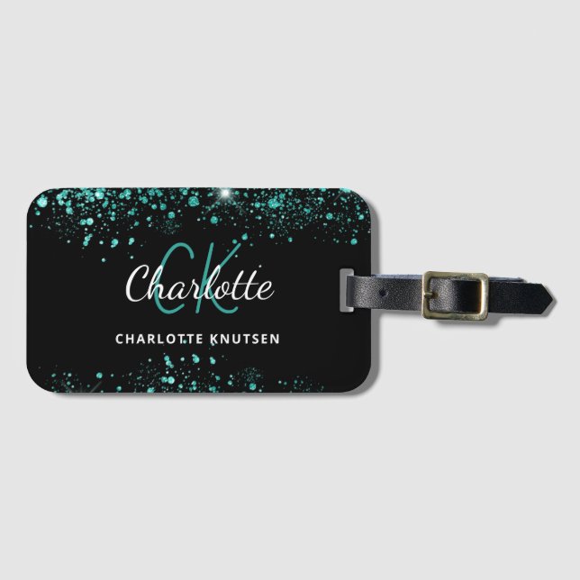 Black teal green glitter dust monogram luggage tag (Front Horizontal)