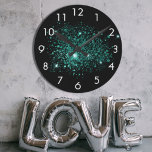 Black teal green glitter dust round clock<br><div class="desc">A chic black background,  decorated with teal,  green faux glitter dust.</div>