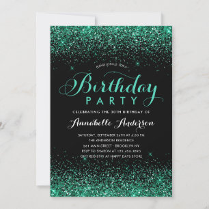 Black Teal Green Glitter Sparkle Any Age Birthday Invitation