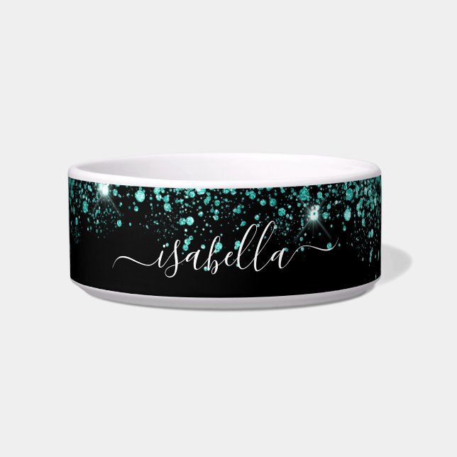 Black teal green glitter sparkles name script bowl (Front)