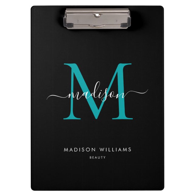 Black Teal Green Monogram Elegant Script Name Clipboard (Front)
