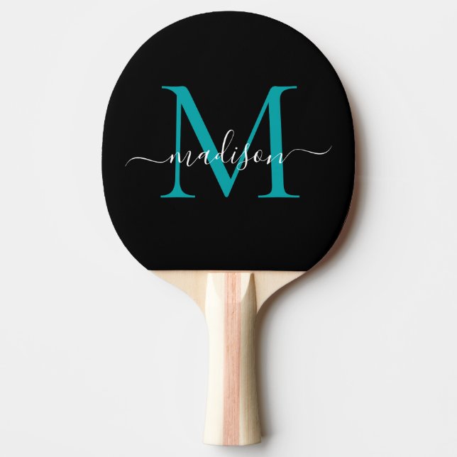 Black Teal Green Monogram Elegant Script Name Ping Pong Paddle (Front)