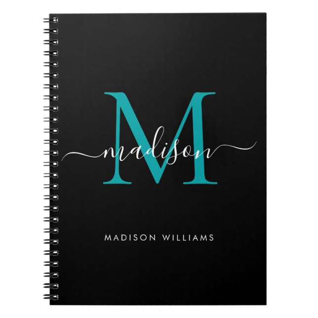 Black Teal Green Monogram Script Name Initial Notebook (Front)