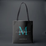 Black Teal Green Monogram Script Name Initial Tote Bag<br><div class="desc">Modern Black Teal Green Monogram Elegant Script Name Initial Tote Bag</div>