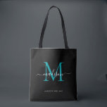 Black Teal Green Monogram Script Name Initial Tote Bag<br><div class="desc">Modern Black Teal Green Monogram Elegant Script Name Initial Tote Bag</div>