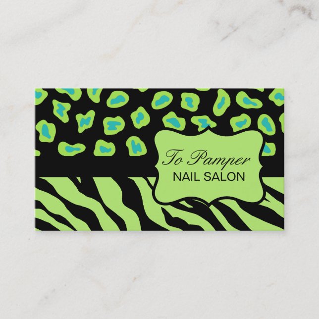 Black, Teal & Green Zebra & Cheetah Skin Custom Business Card (Front)